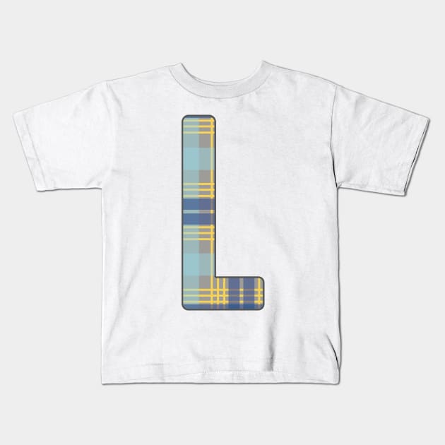 Monogram Letter L, Blue, Yellow and Grey Scottish Tartan Style Typography Design Kids T-Shirt by MacPean